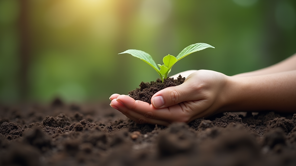 Close-up view of a hand holding a small plant growing in soil