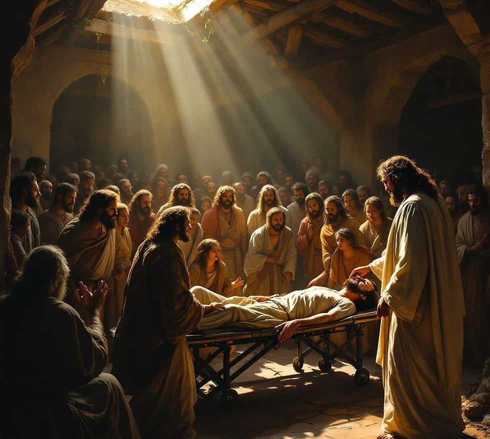 A crowd in robes gathers in a sunlit room. A person lies on a stretcher, surrounded by others in a solemn, reverent atmosphere.