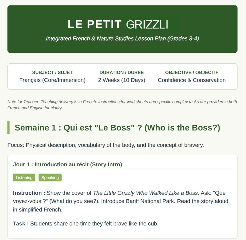 French lesson plan for Grade 3 and Grade 4 students featuring Banff National Park, grizzly bears, and conservation learning.