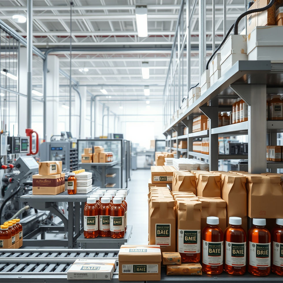 Create a photorealistic image of a modern private-label manufacturing facility. Show premi