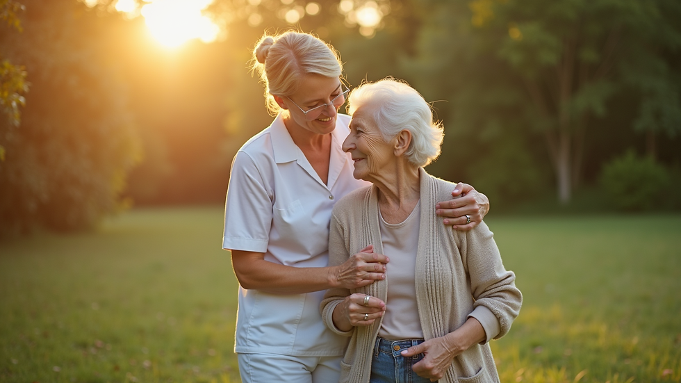 High angle view of a caregiver and senior enjoying a peaceful moment outdoors