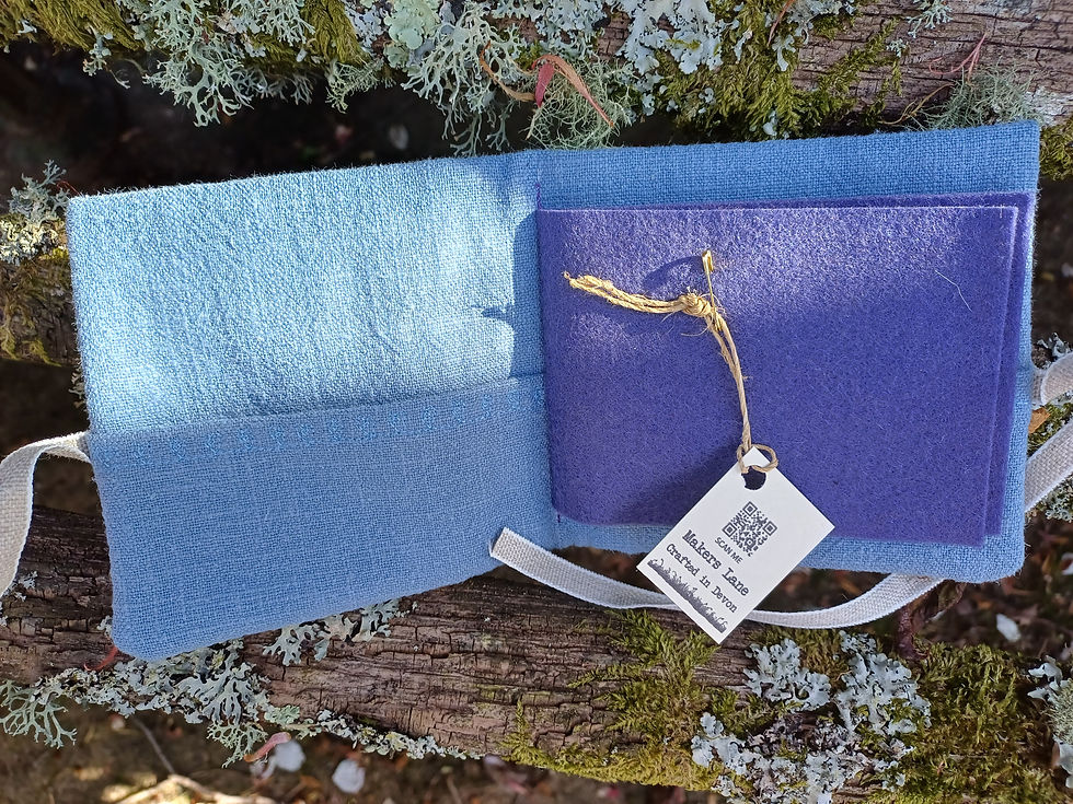 Thumbnail: Inside of a blue linen needlecase hand-printed with a toadstool linocut.