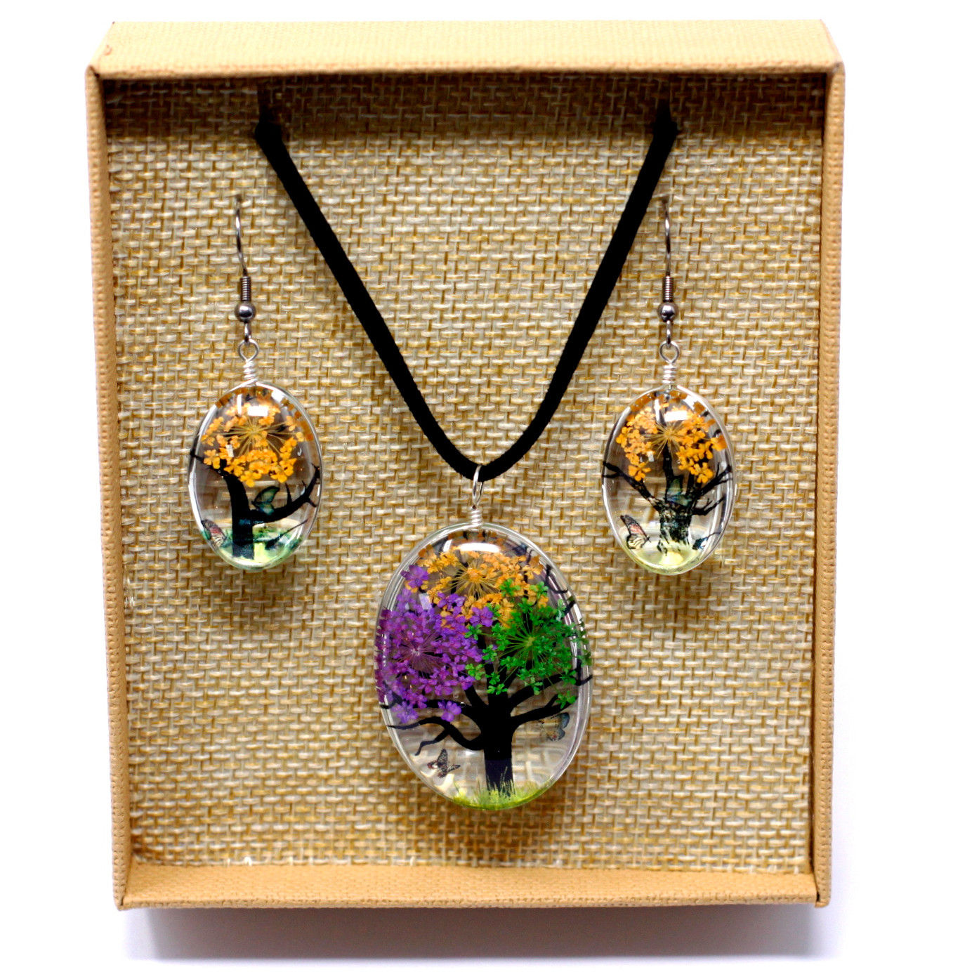 Pressed Flowers - Necklace & Earring Set Mixed Colours