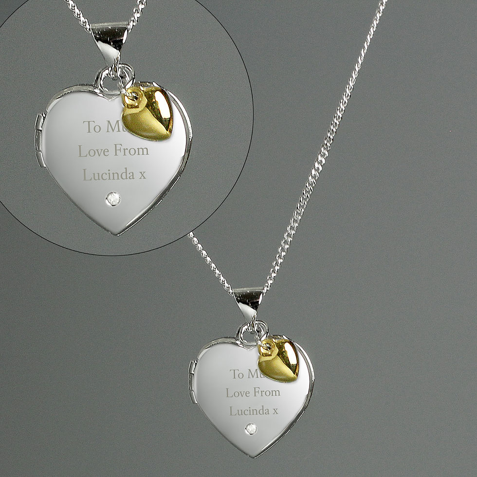 Personalised Sterling Silver Heart Locket Necklace with Diamond & 9ct Gold Charm