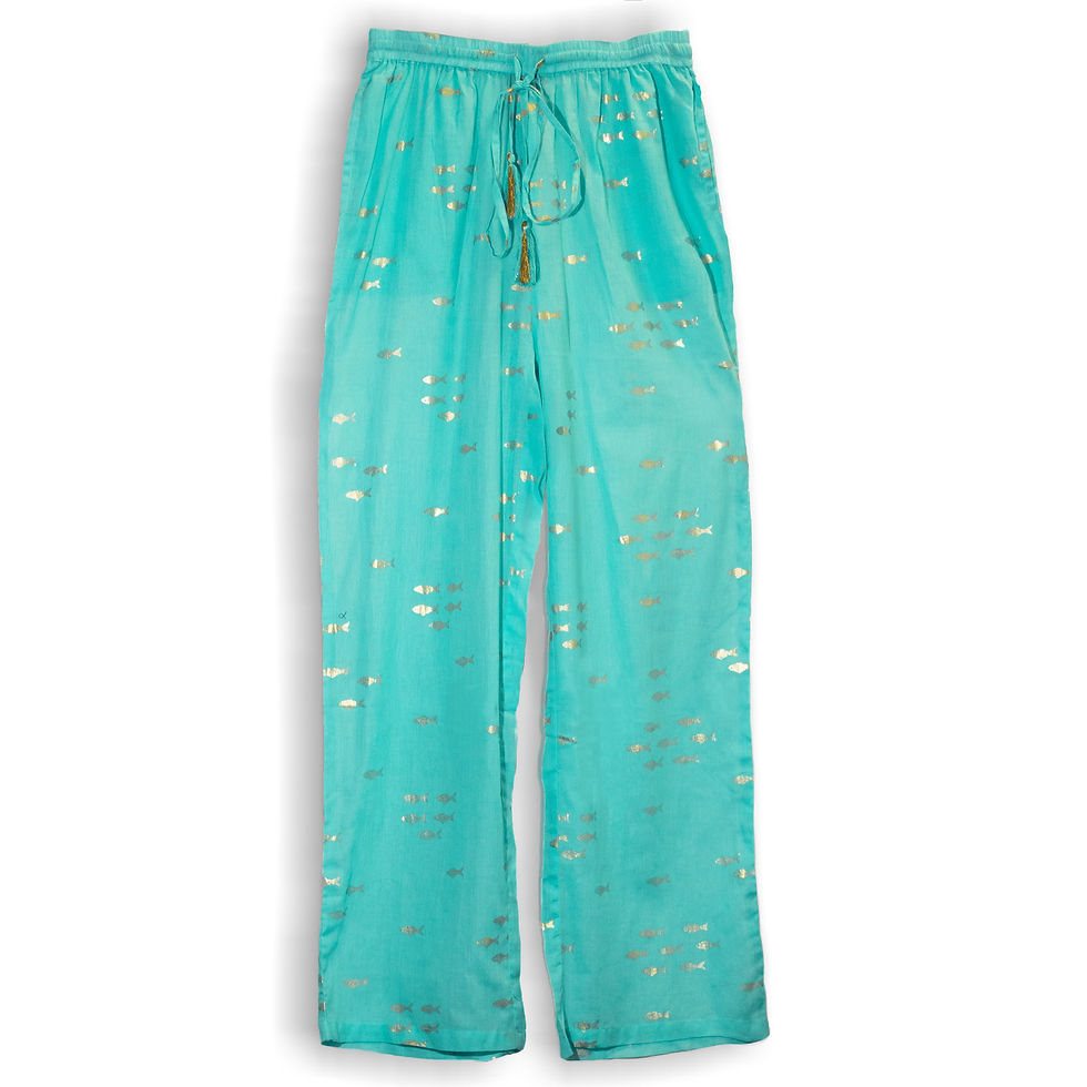 Thumbnail: Nomad Sari On the Med Collection - Lounge Pants - Turquoise & Gold Fish Design