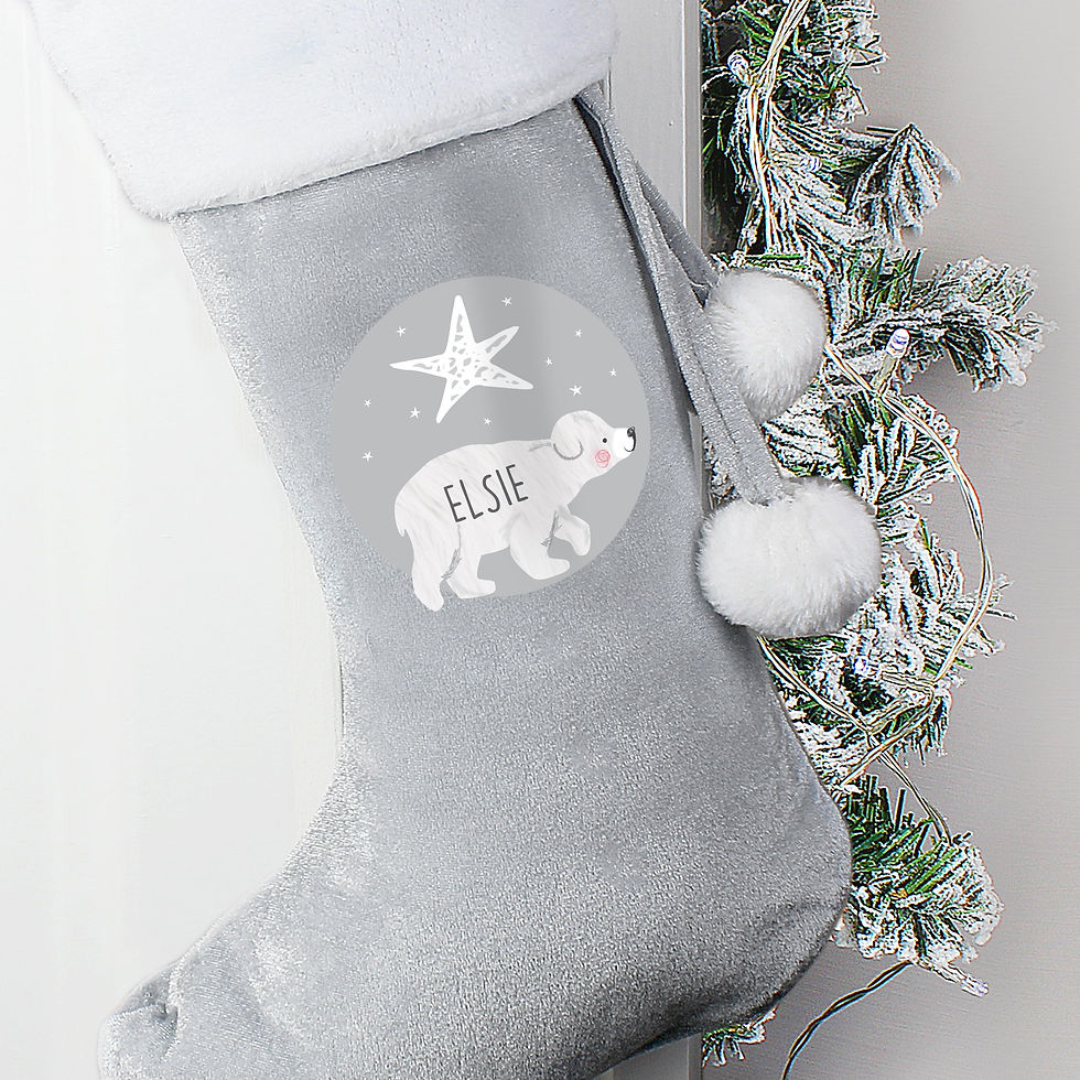Thumbnail: Personalised Baby Polar Bear Luxury Silver Grey Stocking