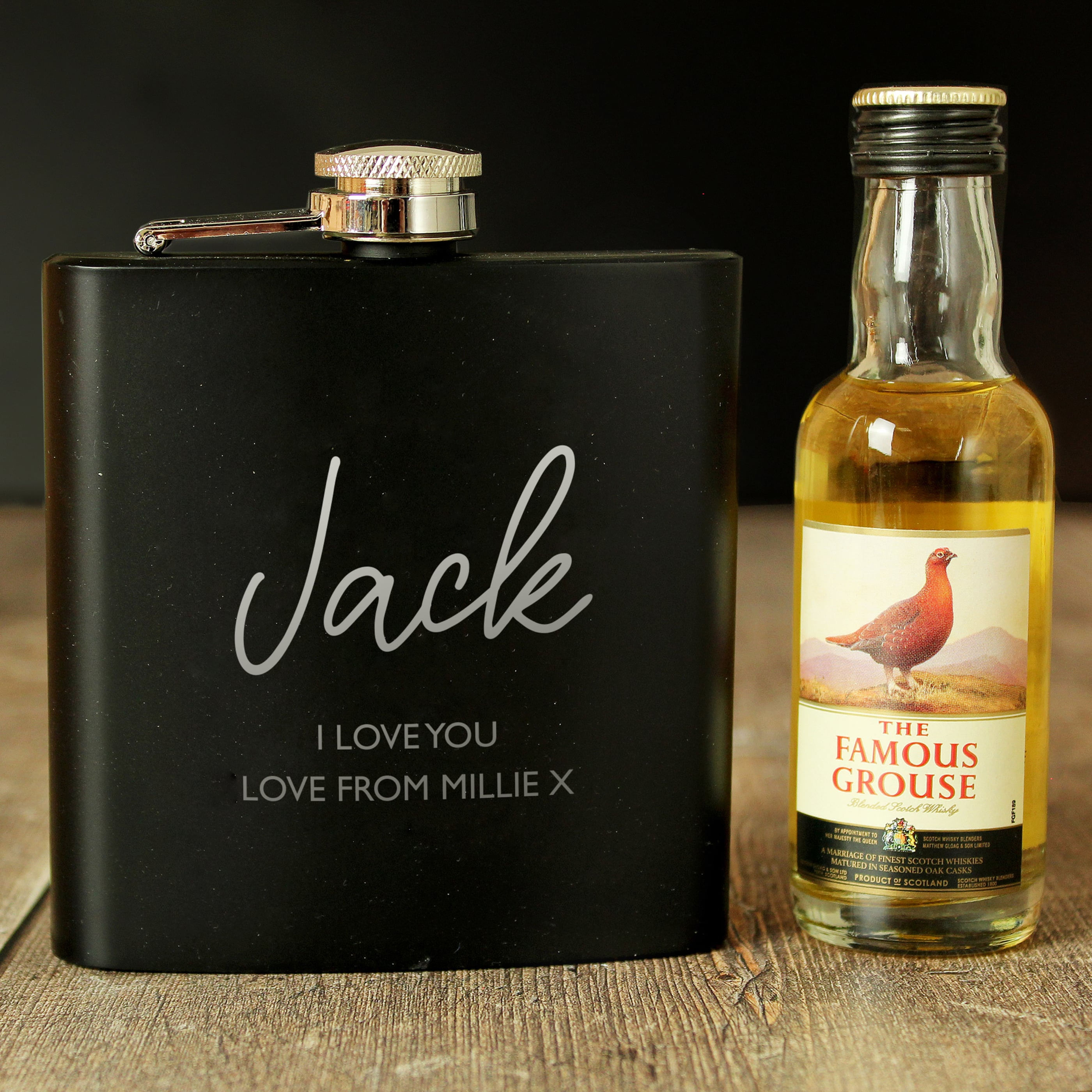 Personalised Free Text Hipflask and Whisky Miniature  Gift Set