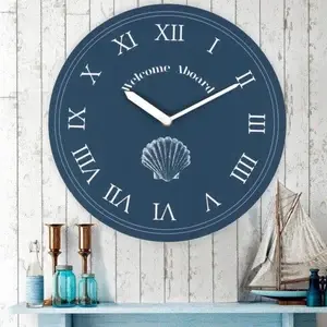 28cm Welcome Aboard Wall Clock blue clock with shell design and roman numbers