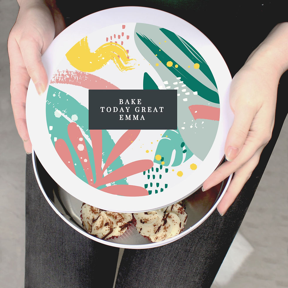 Personalised Abstract Design Cake Tin. A fun colourful design with any text of your choosing