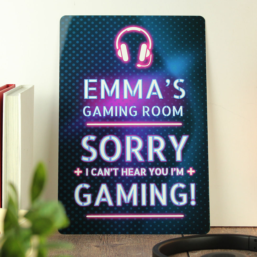Thumbnail: Personalised Gamer Warning Metal Sign Blue Background With Neon Pink And White Personalised Writing