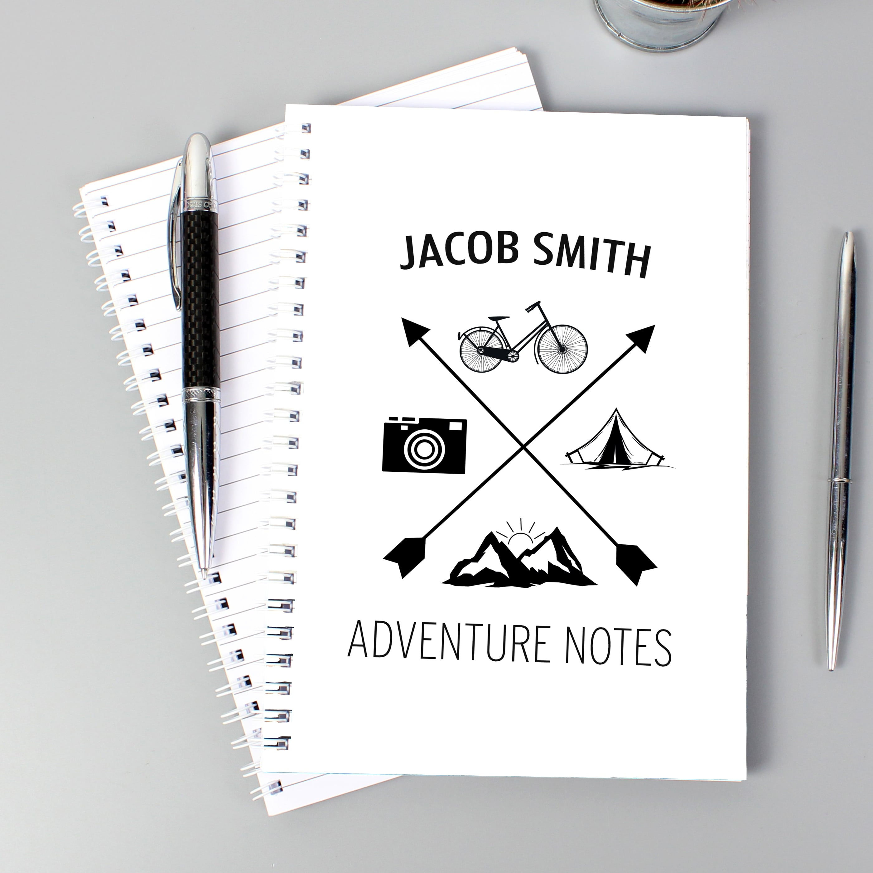 This Personalised Hardback A5 Notebook is perfect for adventure seeking enthusiasts with a white background a outside design