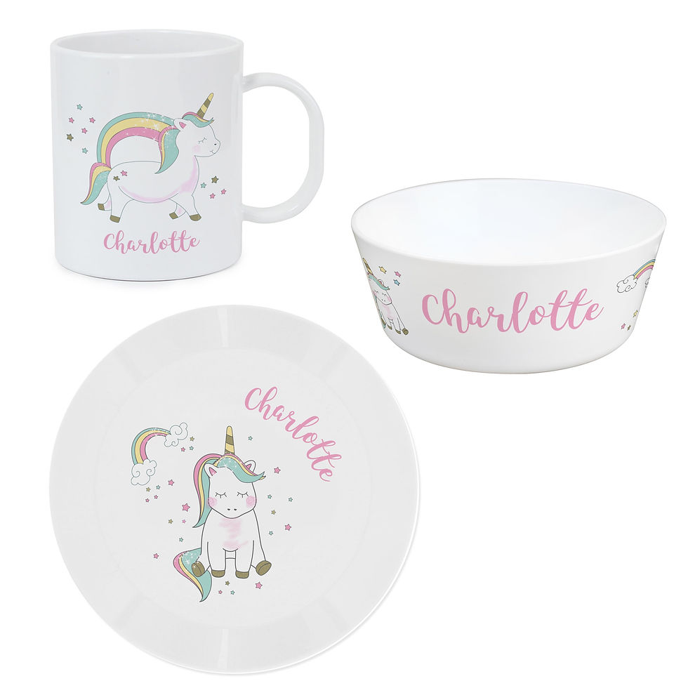 Thumbnail: Personalised Unicorn Plastic Breakfast Set