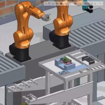 cad image of two orange robots on an assembly line