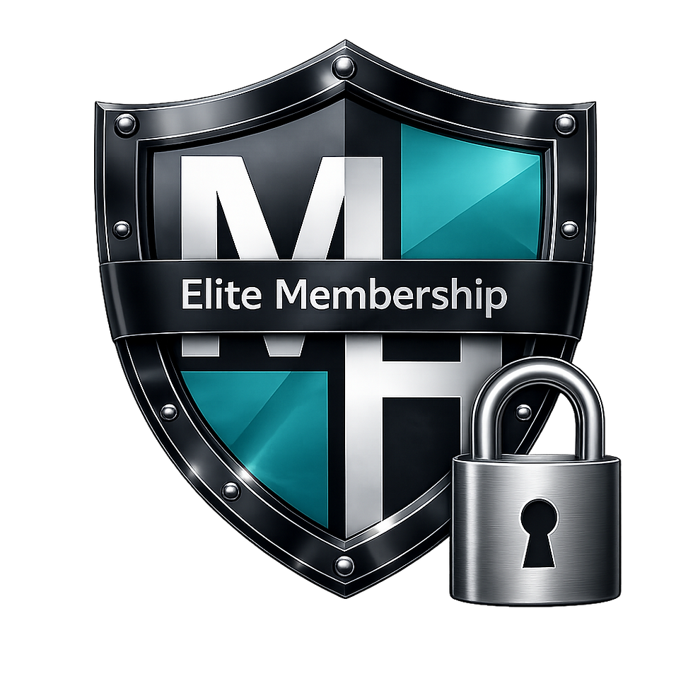 Metal shield logo with Elite Membership text and a padlock, in black, silver, and teal, suggesting exclusivity.