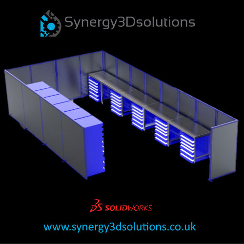 3d design of a work area with blue and grey cabinets