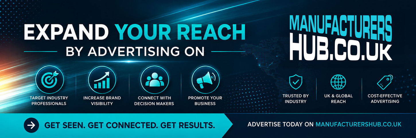 Manufacturers Hub promotional banner featuring the headline "Expand Your Reach by Advertising On" alongside the Manufacturers Hub logo. The banner highlights benefits including targeting industry professionals, increasing brand visibility, connecting with decision-makers, and promoting your business, with a call to action encouraging companies to advertise on ManufacturersHub.co.uk. The design uses a modern dark blue and teal technology-themed background with global network graphics and business icons.