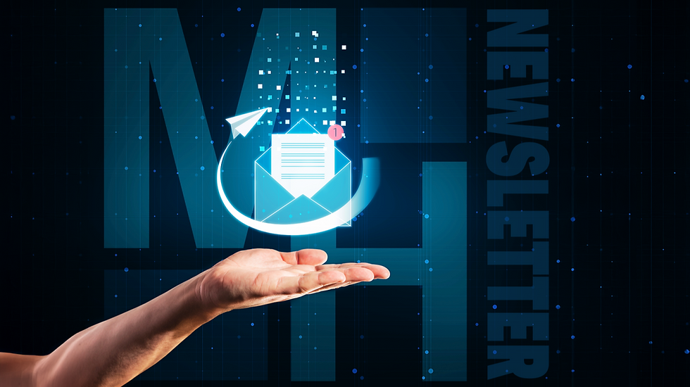 a hand holding a digital envelope with the capital letters MH and the word newsletter