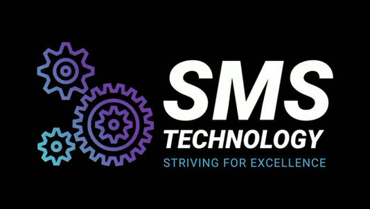 sms technology logo purple blue cogs white writing