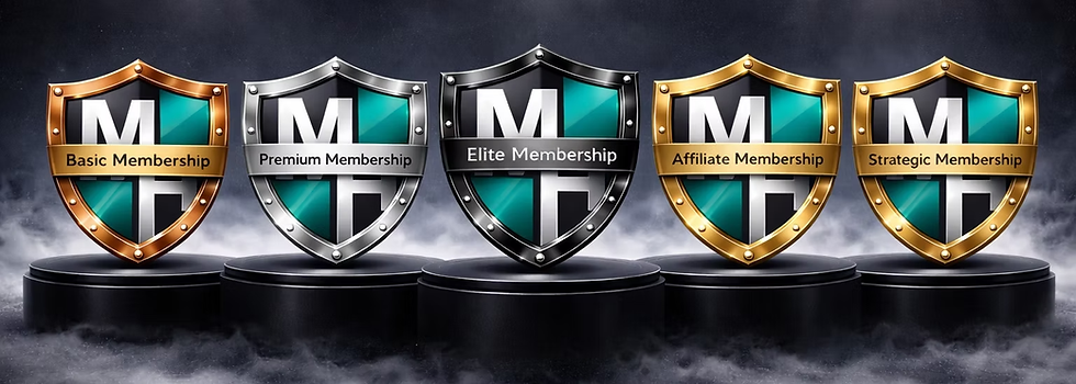 5 shields with metalic frames and rivets. wording basic membership, premium membership, strategic membership