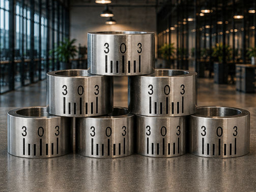 Stacked metal 303 gauge rings on a table in a modern office, with glass walls and plants in the background.