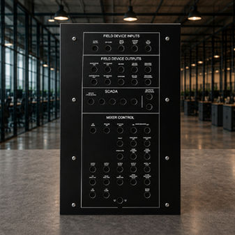 Black control panel labeled FIELD DEVICE INPUTS, SCADA, and MIXER CONTROL stands in a modern open office.