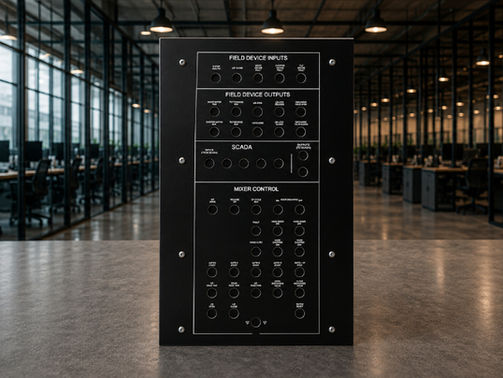 Black control panel labeled FIELD DEVICE INPUTS, SCADA, and MIXER CONTROL stands in a modern open office.