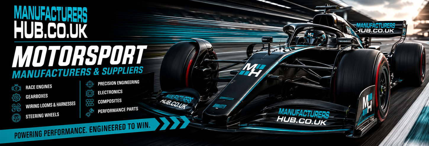 Promotional banner for the Manufacturers Hub UK Motorsport category featuring a black Formula-style race car with Manufacturers Hub branding racing around a circuit. The left side displays the Manufacturers Hub logo with the heading "Motorsport Manufacturers & Suppliers" alongside icons for race engines, gearboxes, wiring looms and harnesses, steering wheels, precision engineering, electronics, composites, and performance parts. A bold slogan across the bottom reads, "Powering Performance. Engineered to Win." The design uses a black, white, and turquoise colour scheme to reflect the speed, innovation, and precision of the UK motorsport manufacturing industry.