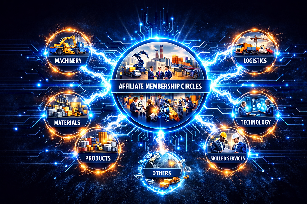 Circular infographic depicting "Affiliate Membership Circles" with sectors: machinery, logistics, materials, products, tech, skilled services. Blue and orange theme.