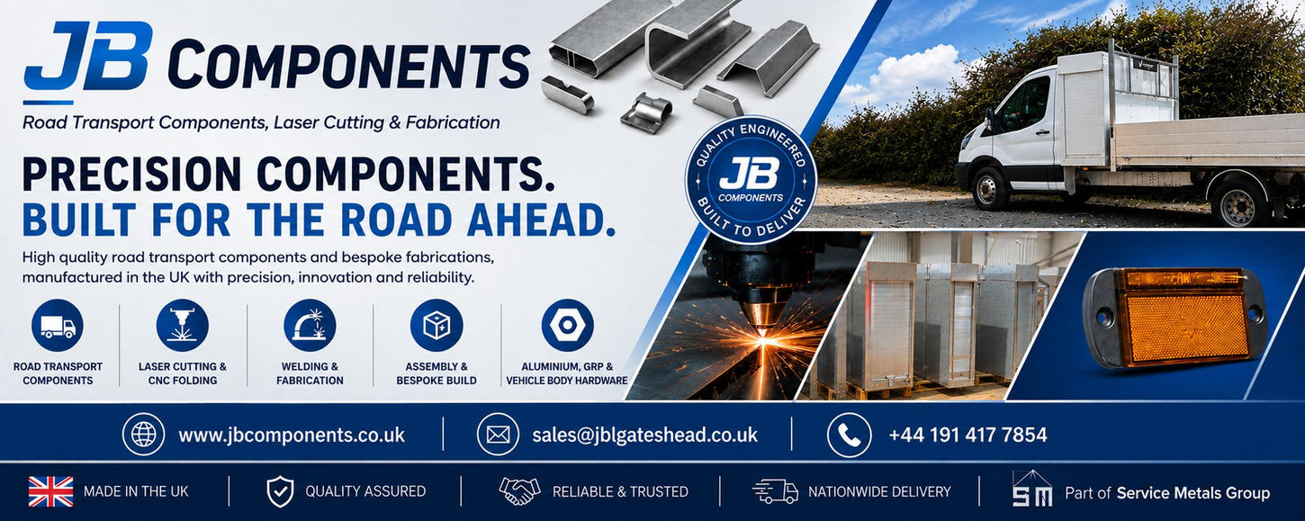 JB Components advertising banner showcasing road transport components, laser cutting, CNC folding, welding, fabrication, aluminium extrusions, vehicle body hardware, bespoke assemblies, commercial vehicle products and UK manufacturing services with contact details.
