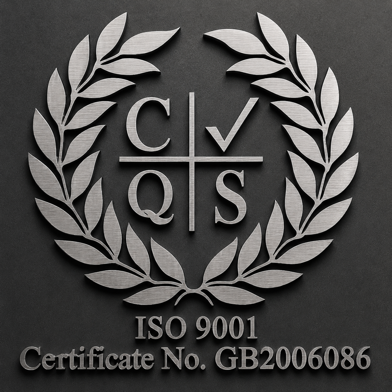 CQS ISO 9001 Certificate No. GB2006086 seal with laurel wreath.