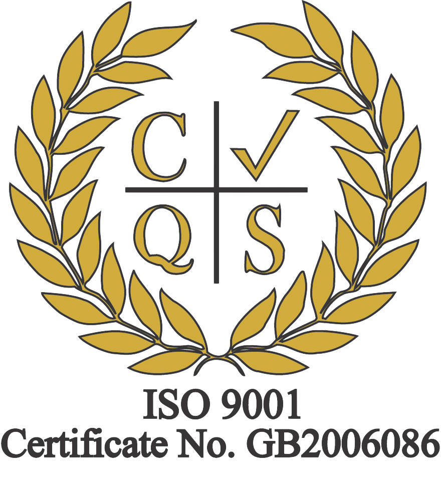 Gold laurel wreath around C Q V S logo with ISO 9001 and Certificate No. GB2006086 on black background