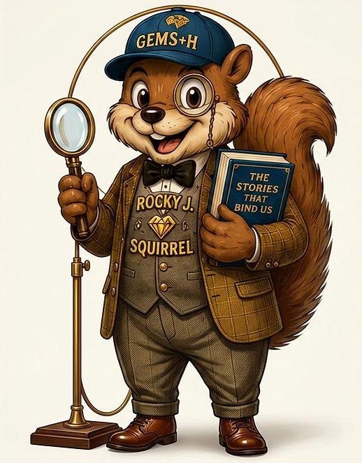 Rocky J. Squirrel Presents GEMS+H: The Stories That Bind Us holding a book