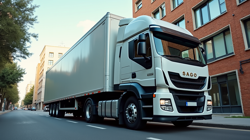 Eye-level view of a large autospurgo truck parked near a residential building