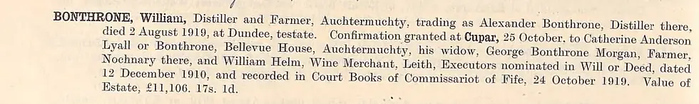 Close-up of a scanned probate record for BONTHRONE, William, with black serif text on aged paper and estate value noted.