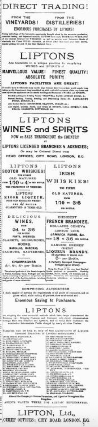 Vintage black-and-white Lipton's newspaper ad for wines and spirits, with offers, prices, and many branch listings.