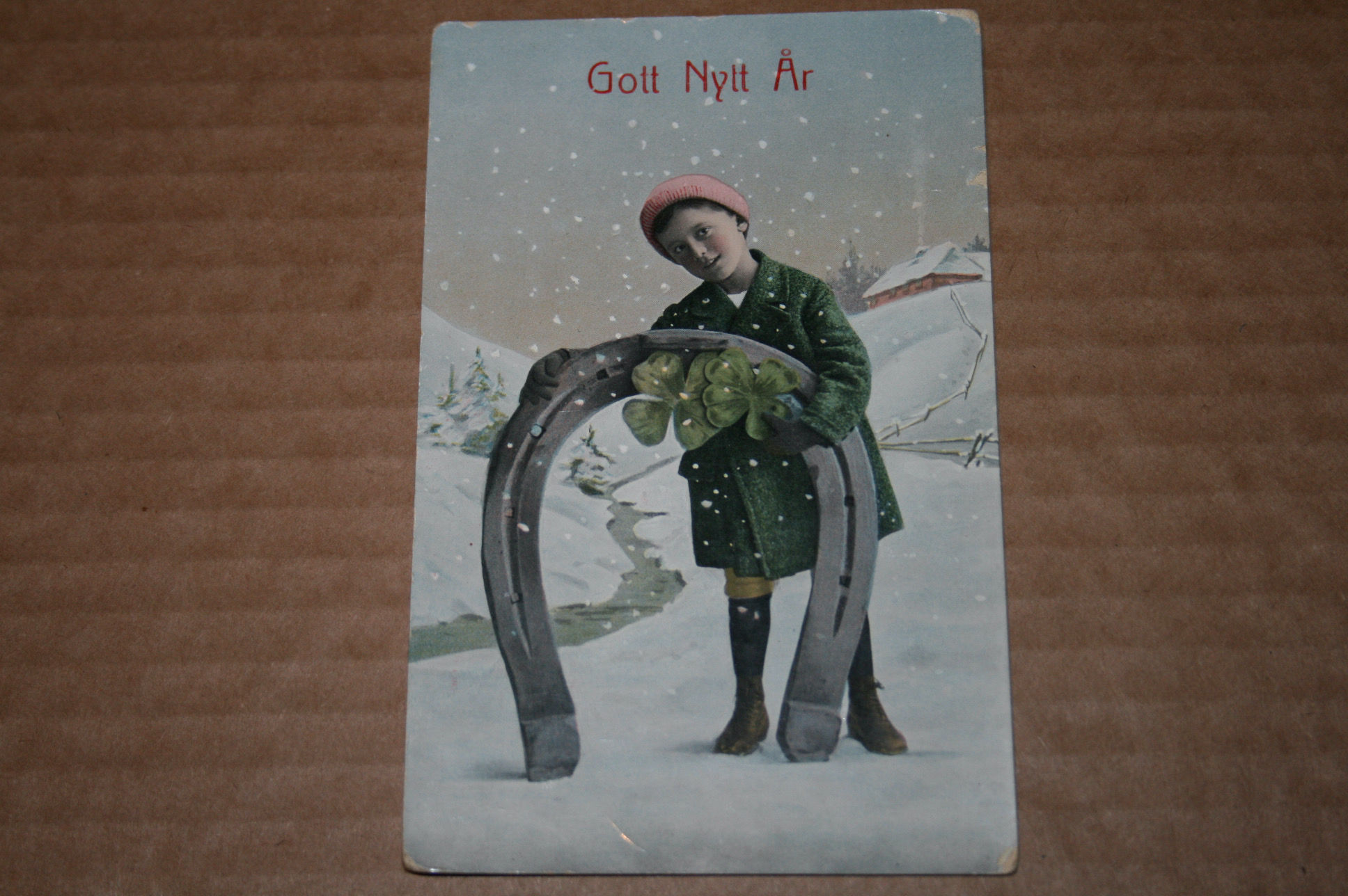 Uusi vuosi hevosenkenkä apila tyttö postikortti