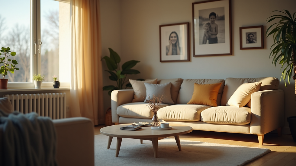 Eye-level view of a cozy living room with family photos and soft lighting
