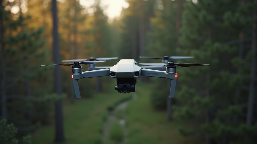 High angle view of a drone surveying a forest landscape