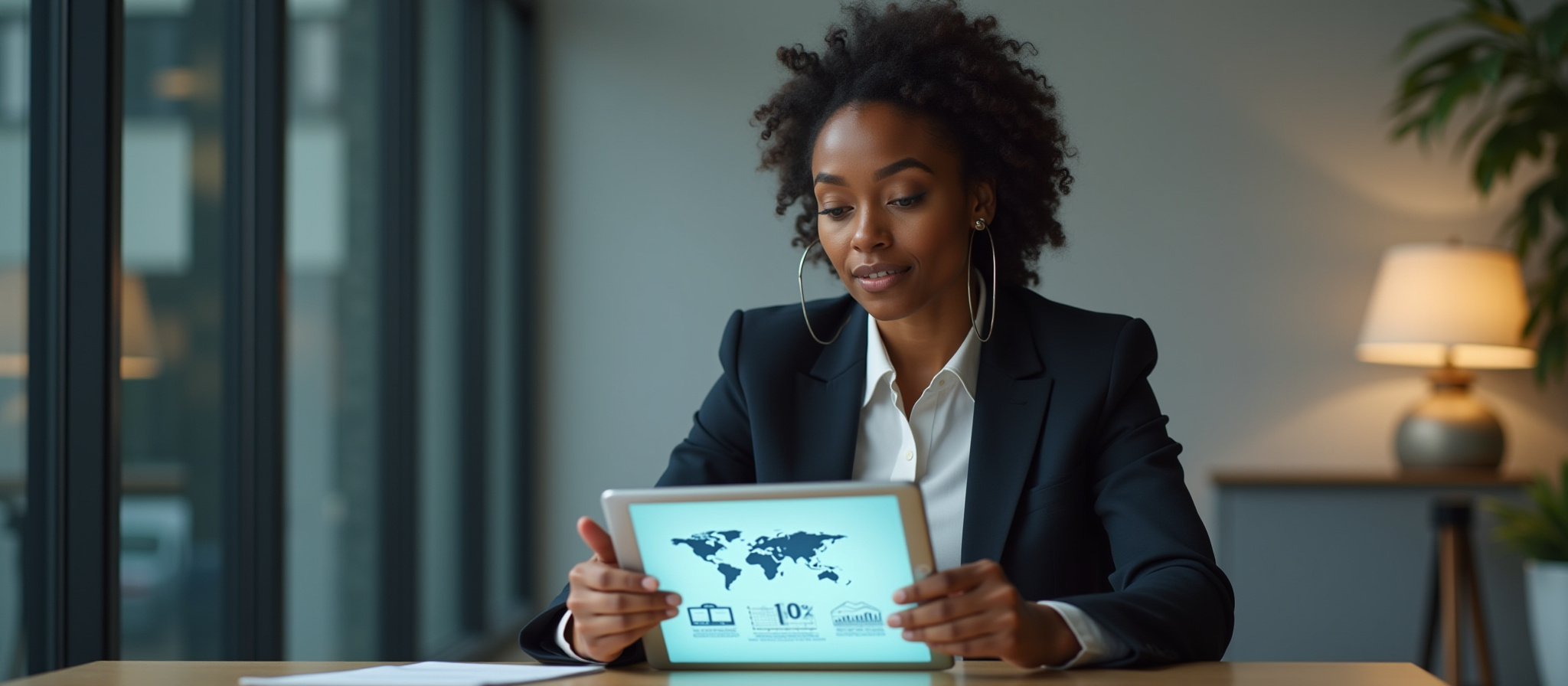 Businesswoman reviewing global map on tablet, analyzing data in professional setting.