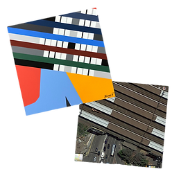 A painting of an aerial view of Richmond Train Station, along side the aerial photograph of the same location