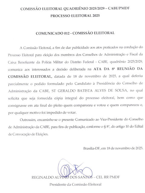COMUNICADO 012 - COMISSÃO ELEITORAL