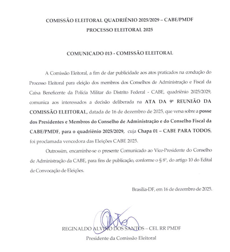 COMISSÃO ELEITORAL QUADRIÊNIO 2025/2029 - CABE/PMDF                      PROCESSO ELEITORAL 2025