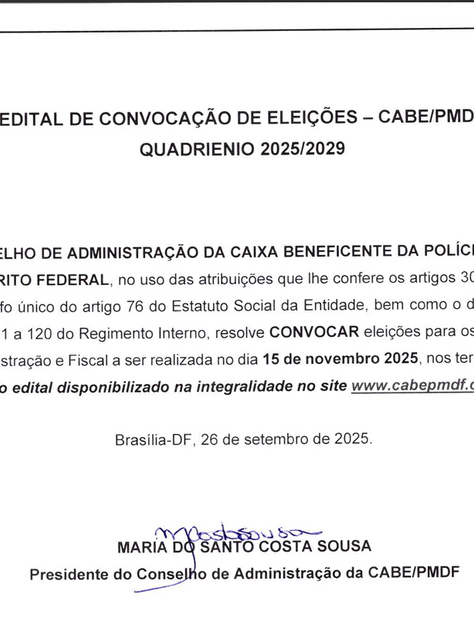 EDITAL DE CONVOCAÇÃO DE ELEIÇÕES - CABE/PMDFQUADRIENIO 2025/2029