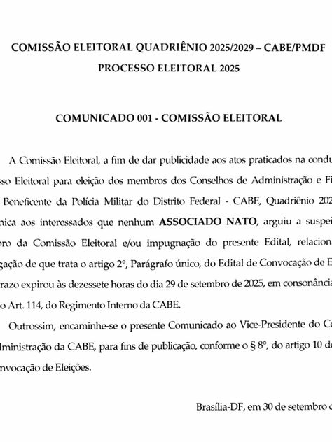 COMISSÃO ELEITORAL QUADRIÊNIO 2025/2029 - CABE/PMDFPROCESSO ELEITORAL 2025