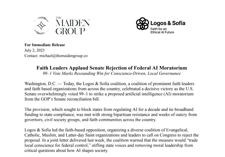 Faith Leaders Applaud Senate Rejection of Federal AI Moratorium