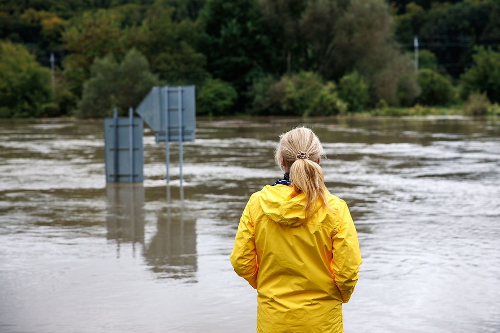 Woman watches street flooded.
