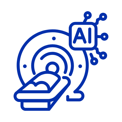 AI icon next to an MRI scanner representing AI/ML solutions