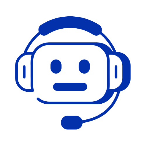 Blue robot icon wearing a headset for AI/ML solutions