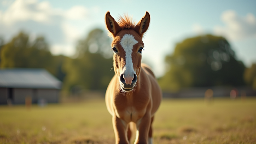 Eye-level view of a small pony standing calmly in a sunny paddock