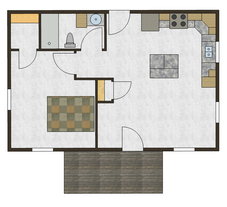 "Single-story log-sided cabin with gabled roof, porch, and trapezoidal window package in the gable peak."